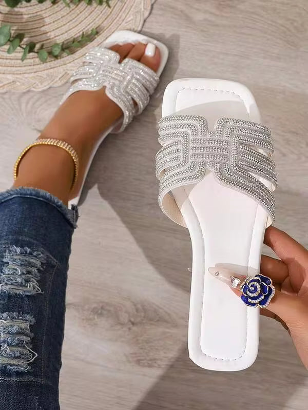 Ximi Ruo Rhinestone Sparkle Luxury Women's, Summer Sandals, Comfortable Flat Heel Round Toe Beach Sandals, Fashion Casual Strap Outdoor Slide Sandals, Sandals