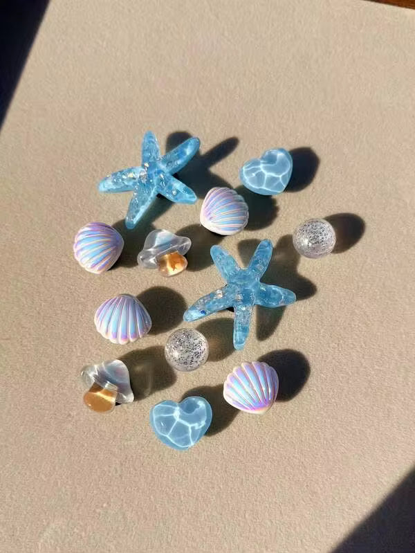 12pcs Blue Sequin Starfish, Colorful Shells, Water Ripple Heart ABS Resin Shoe Charms DIY Detachable - Personalized Footwear Style