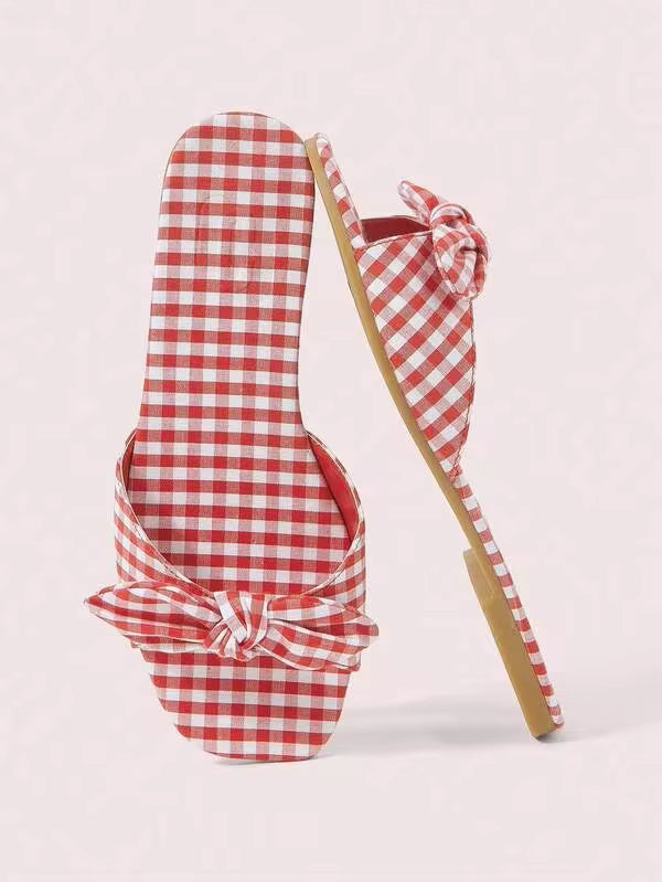 CUCCOO DOLLMOD Women Shoes Red And White Plaid Fashion Bow Element Resort Beach Flat Sandals